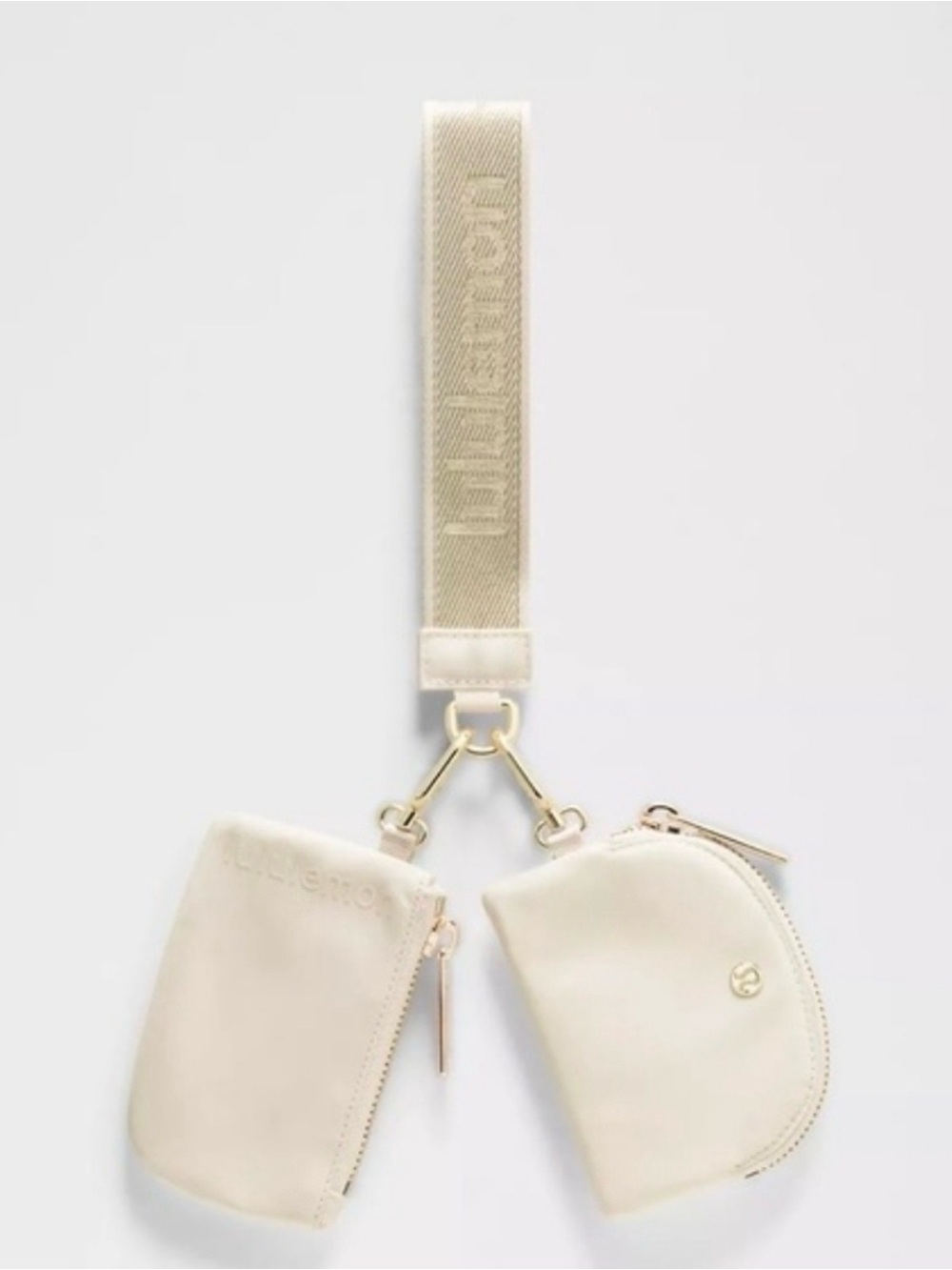 Lululemon Light Ivory Dual Wristlet Wallet Metallic Gold Wordmark Limited Ed NWT